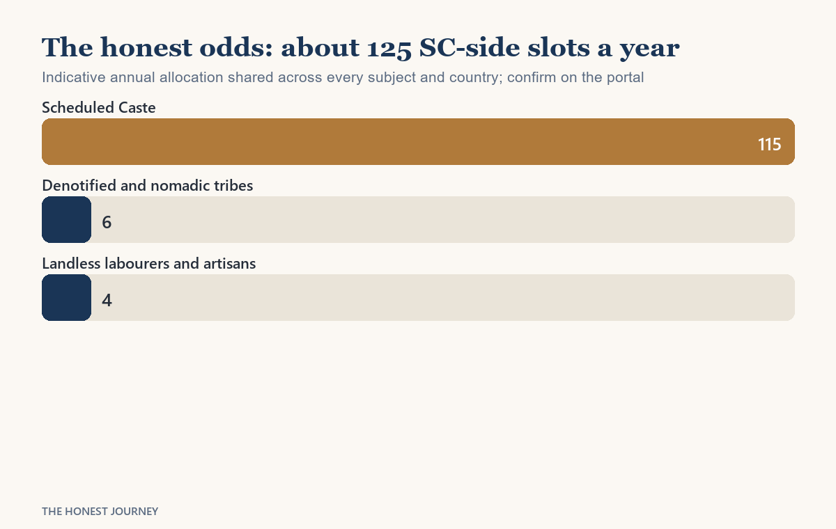 Bar chart of the National Overseas Scholarship SC-side allocation for Indian students in 2026: about 115 slots for Scheduled Caste, 6 for denotified and nomadic tribes, and 4 for landless labourers and traditional artisans, roughly 125 places shared nationally.