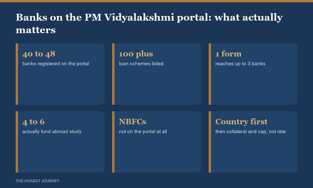 At a glance guide to banks on the PM Vidyalakshmi and Vidya Lakshmi portal 2026: around 40 to 48 registered banks, over 100 loan schemes, one CELAF form reaching up to 3 banks, public sector banks like SBI, Bank of Baroda, Canara, Union Bank and PNB fund abroad study, and private NBFCs are not on the portal.