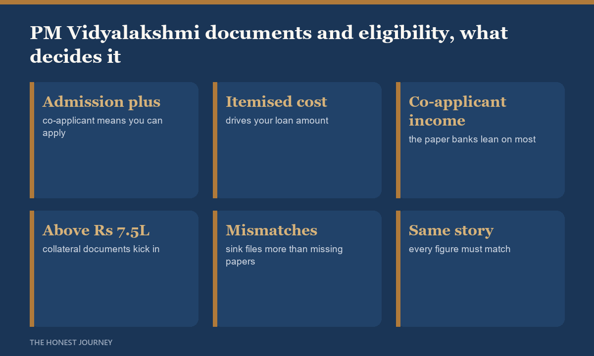 PM Vidyalakshmi documents and eligibility checklist for 2026: an Indian student with a confirmed admission and a co-applicant is eligible, and the core documents are KYC and identity, admission letter, itemised cost of study, academic records, co-applicant income proof, and collateral papers only for secured loans, with a warning that figures must match across every document.