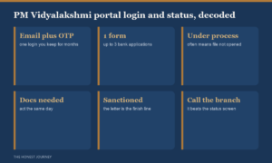 PM Vidyalakshmi and Vidya Lakshmi portal login and status guide 2026: register with email and OTP, fill the CELAF once, apply to up to 3 banks, and track status stages from submitted to under process to sanctioned or rejected, with a note that under process often means the bank has not opened the file yet.
