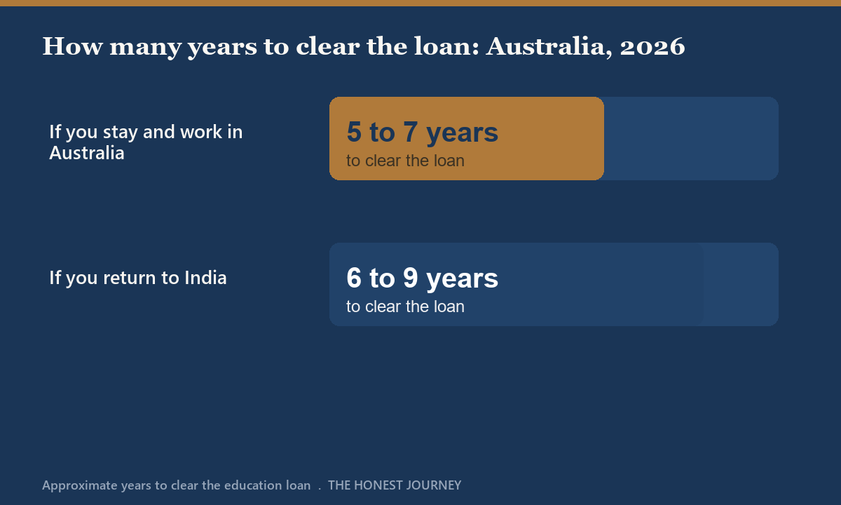 Bar chart titled how many years to clear a 45 lakh rupee Australian education loan for Indian students in 2026, comparing a graduate who stays and works in Australia against a graduate who returns to India, showing a steady payback for the Australia-based path.