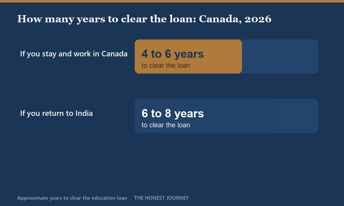 Bar chart titled how many years to clear a 30 lakh rupee Canadian education loan for Indian students in 2026, comparing a graduate who stays and works in Canada against a graduate who returns to India, showing a steady payback for the Canada-based path.