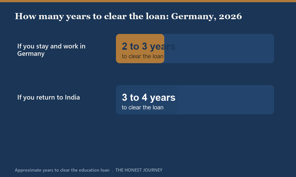 Bar chart titled how many years to clear a small German education loan for Indian students in 2026, comparing a STEM graduate with working German against a graduate without the language, showing the fastest payback of any destination for the German-speaking path.