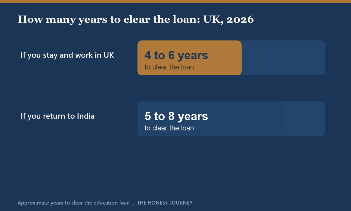 Bar chart titled how many years to clear a 40 lakh rupee UK education loan for Indian students in 2026, comparing a graduate who stays and works in the UK against a graduate who returns to India, showing a shorter payback for the UK-based path.