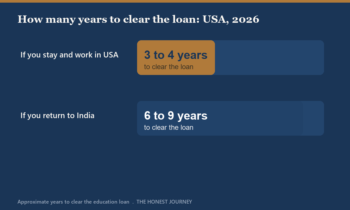 Bar chart titled how many years to clear a 50 lakh rupee US education loan for Indian students in 2026, comparing a STEM graduate who stays in the USA against a graduate who returns to India, showing a much shorter payback for the US-based STEM path.