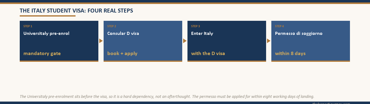 Four-step flow of the Italy student visa for Indian students, complete the mandatory Universitaly pre-enrolment, apply for the consular Type D visa, enter Italy, then apply for the permesso di soggiorno within eight days of arrival