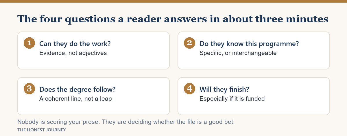 The four questions an admissions reader answers when assessing a statement of purpose.