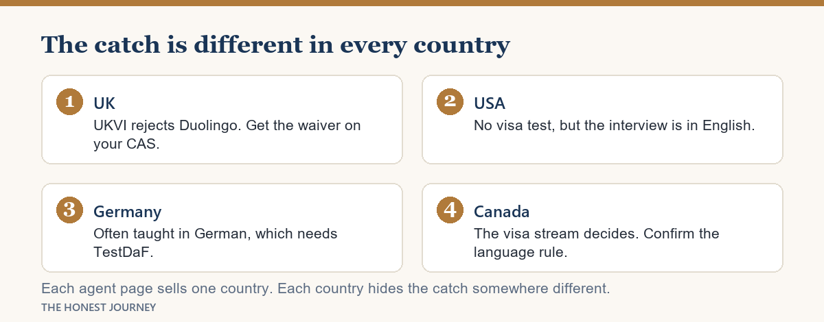The specific catch that trips up students in each of the four main destinations.