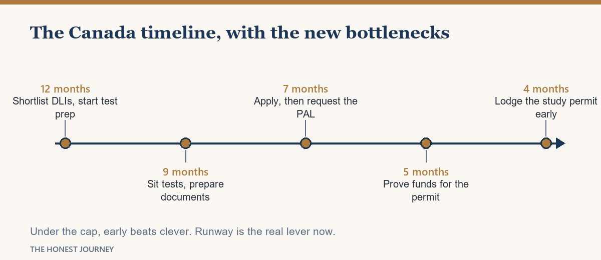 The Canada application timeline, with the study-permit cap and PAL as the new bottlenecks.