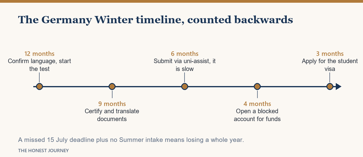 The Germany Winter-semester timeline, with the slow uni-assist and blocked-account steps marked.