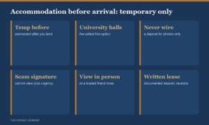 Honest student accommodation guide before arrival abroad 2026: book only temporary verified housing before you fly such as university halls, a verified student housing provider or a short mainstream-platform stay; never wire a deposit for a flat seen only in photos because fake listings target Indian students; find the permanent place in person after you land.