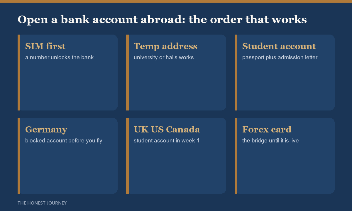 How Indian students open a bank account abroad 2026: step one get a local SIM, step two use university or temporary accommodation as address, step three open a student account with passport, admission letter and visa; Germany uses a blocked account arranged before flying, the UK Canada and US open a student account in the first week at a campus branch or a student-friendly digital bank, with a forex card as the bridge until the account is live.