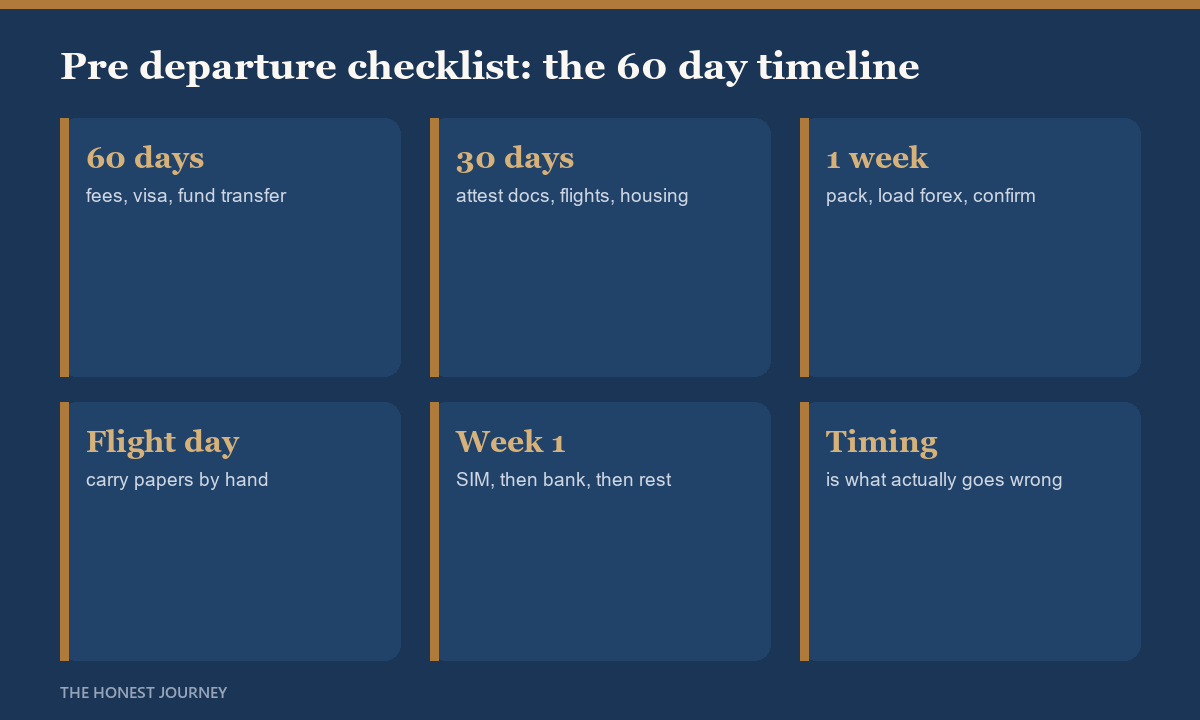 Pre-departure checklist timeline for Indian students going abroad 2026: at 60 days confirm admission, pay SEVIS or CAS fees, start visa and forex; at 30 days attest documents, book flights, arrange accommodation and insurance; at one week pack documents in cabin bag, load forex card, carry medicines with prescription; on flight day carry passport, I-20 or CAS and financial proof by hand.