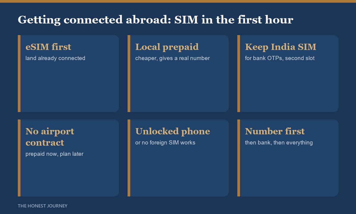 How Indian students get a mobile connection abroad 2026: activate an eSIM before flying to land connected, switch to a local prepaid SIM or plan in the first days after comparing student deals, keep the Indian number alive on the other slot for bank OTPs, and avoid signing a long postpaid contract at the airport.