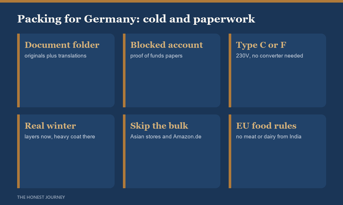 Honest packing guide for Indian students flying to Germany 2026: carry a full document folder with blocked account and admission papers plus translations, prescription medicines with a doctor letter, a EU type C or F plug adapter, a forex card with some cash, and warm layers for a real winter; leave behind bulk masala, pressure cooker and steel utensils because Indian and Asian stores and Amazon Germany stock them.