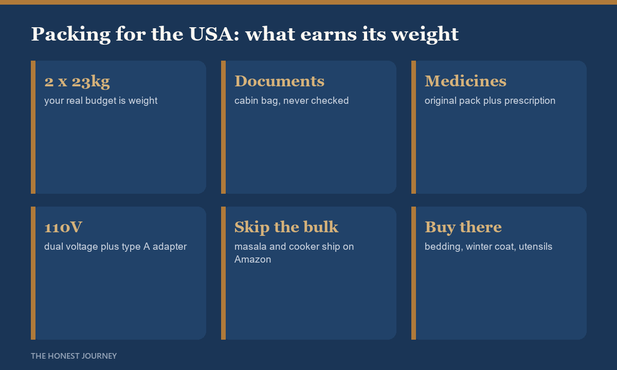 Honest packing guide for Indian students flying to the USA 2026: two checked bags of 23kg each, carry documents, prescription medicines with a doctor letter, unlocked phone, forex card and 100 to 200 dollars cash, and one set of Indian formals; leave behind bulk masala, pressure cooker, bedsheets and heavy Indian sweaters because they are cheaper bought in the US.