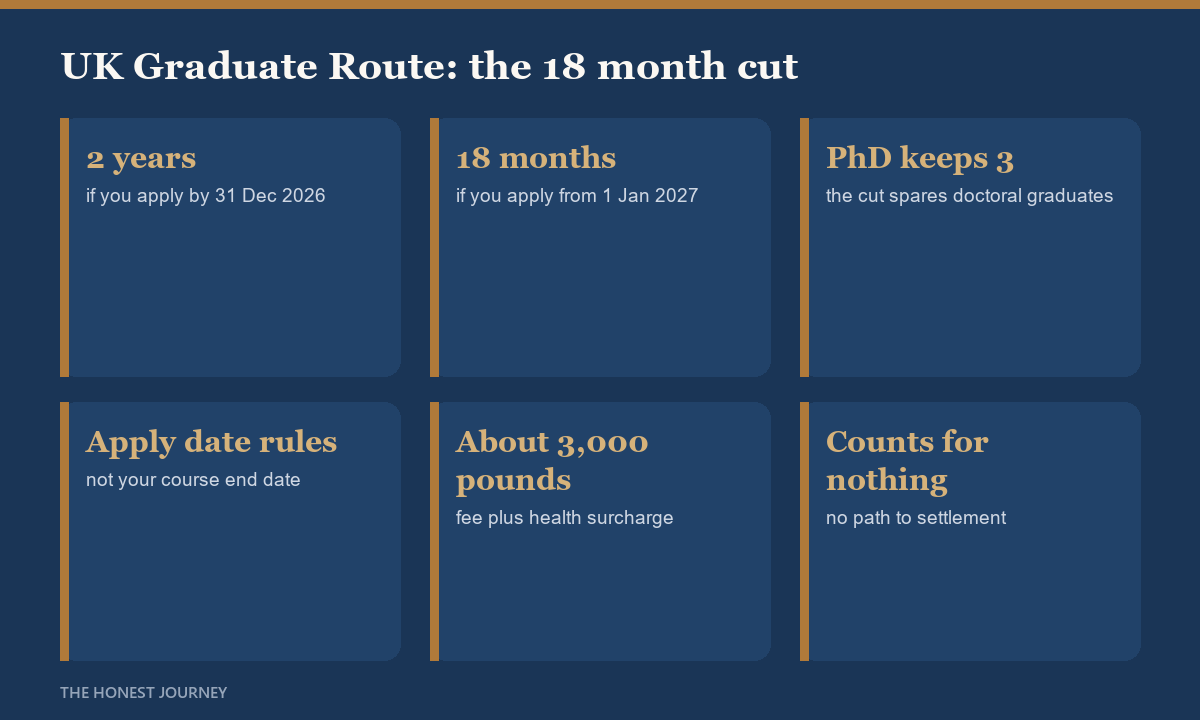 UK Graduate Route visa 2026 for Indian students: 2 years if you apply on or before 31 December 2026, 18 months if you apply on or after 1 January 2027, 3 years for PhD graduates; fee 937 pounds plus health surcharge about 1,035 pounds per year; cannot be extended; switching to Skilled Worker needs a sponsoring employer, a role at RQF Level 6 and a salary of about 41,700 pounds.