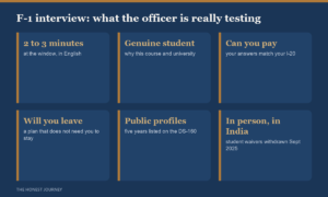 F-1 visa interview for Indian students in 2026: two to three minutes at the window; the officer tests whether you are a genuine student, whether you can pay, and whether you will leave after your studies; social media profiles public and five years listed on the DS-160; interviews in person in India since interview waivers were withdrawn in September 2025.