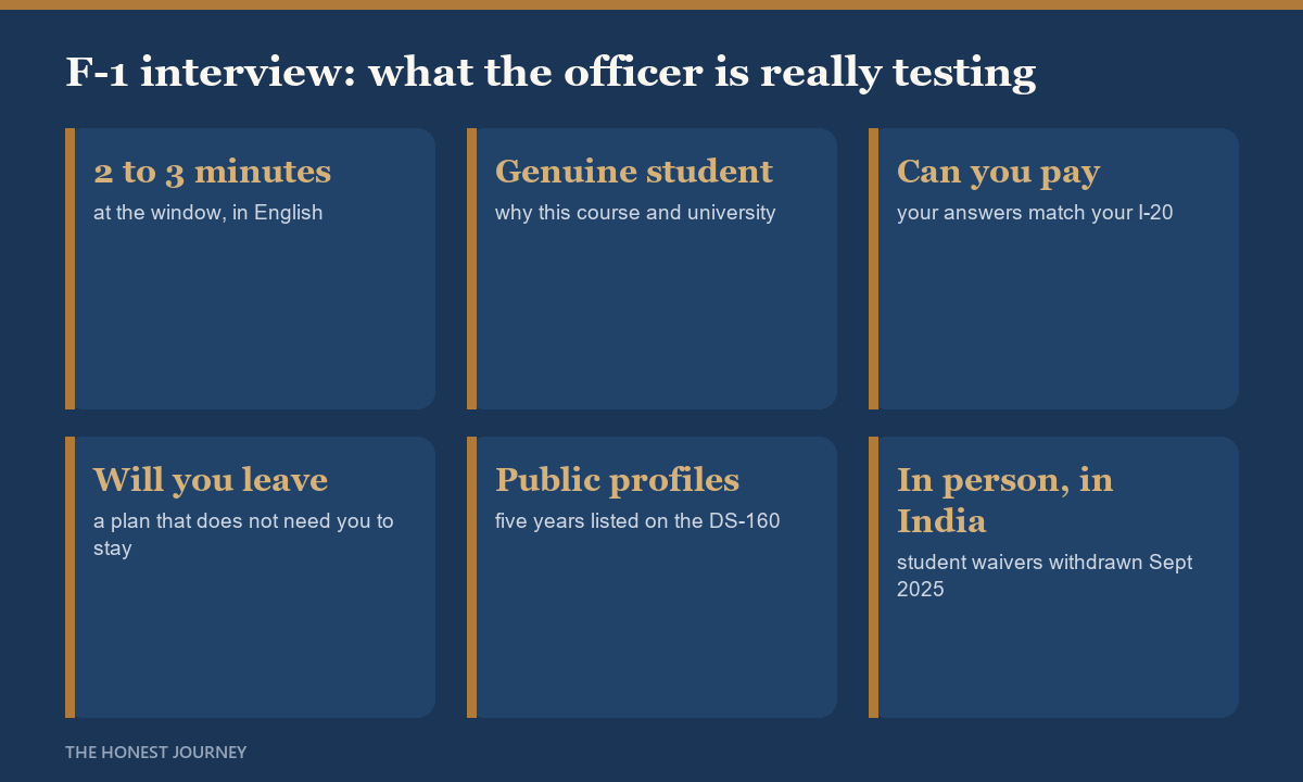 F-1 visa interview for Indian students in 2026: two to three minutes at the window; the officer tests whether you are a genuine student, whether you can pay, and whether you will leave after your studies; social media profiles public and five years listed on the DS-160; interviews in person in India since interview waivers were withdrawn in September 2025.