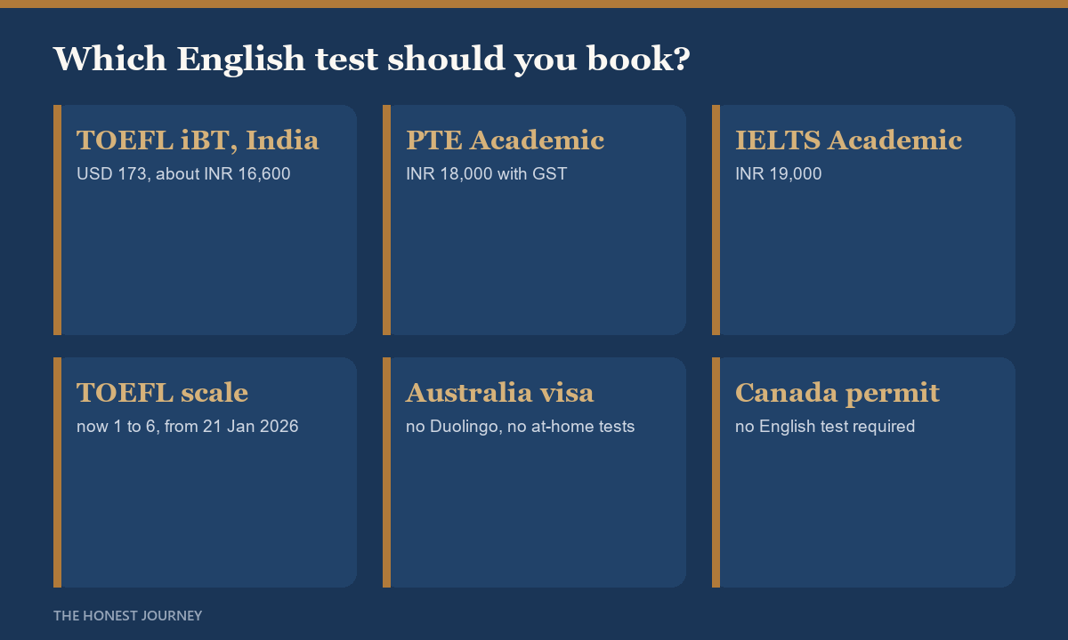 IELTS vs TOEFL vs PTE vs Duolingo for Indian students in 2026: TOEFL iBT costs USD 173 in India against INR 19,000 for IELTS Academic and INR 18,000 for PTE Academic, the TOEFL score scale moved to 1 to 6 on 21 January 2026, Australia excludes Duolingo and every at-home version from its visa list, and a Canadian study permit needs no English test at all.