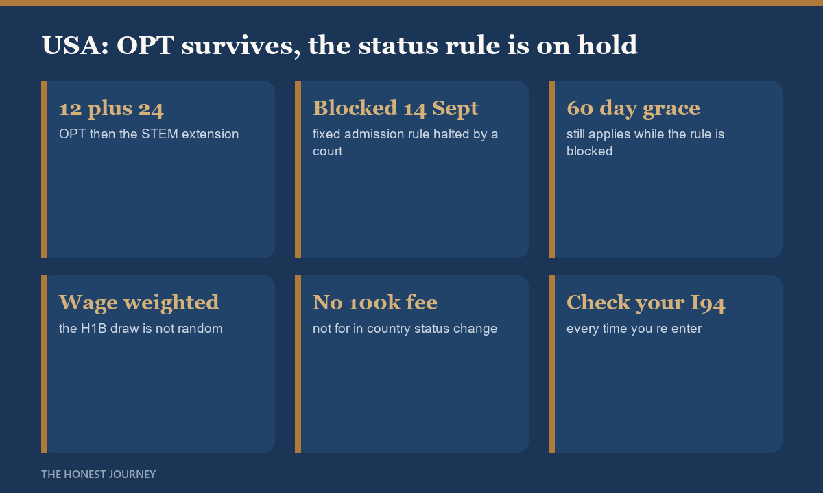 USA post study work rules for Indian students, September 2026: OPT 12 months plus STEM OPT 24 months for up to 36 months total; the DHS fixed admission rule was blocked by a federal court on 14 September 2026, so duration of status and the 60 day grace period continue for now; H-1B selection is weighted by wage level; the 100,000 dollar fee does not apply to in-country F-1 change of status.