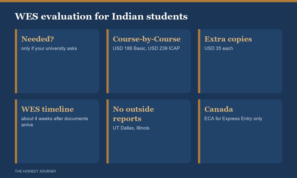 WES evaluation for Indian students in 2026: a Course-by-Course report costs USD 186 Basic or USD 239 ICAP, WES review and evaluation typically take about 4 weeks after your documents arrive, some US universities such as UT Dallas and Illinois refuse outside evaluations, and Canada needs a WES ECA only for Express Entry.