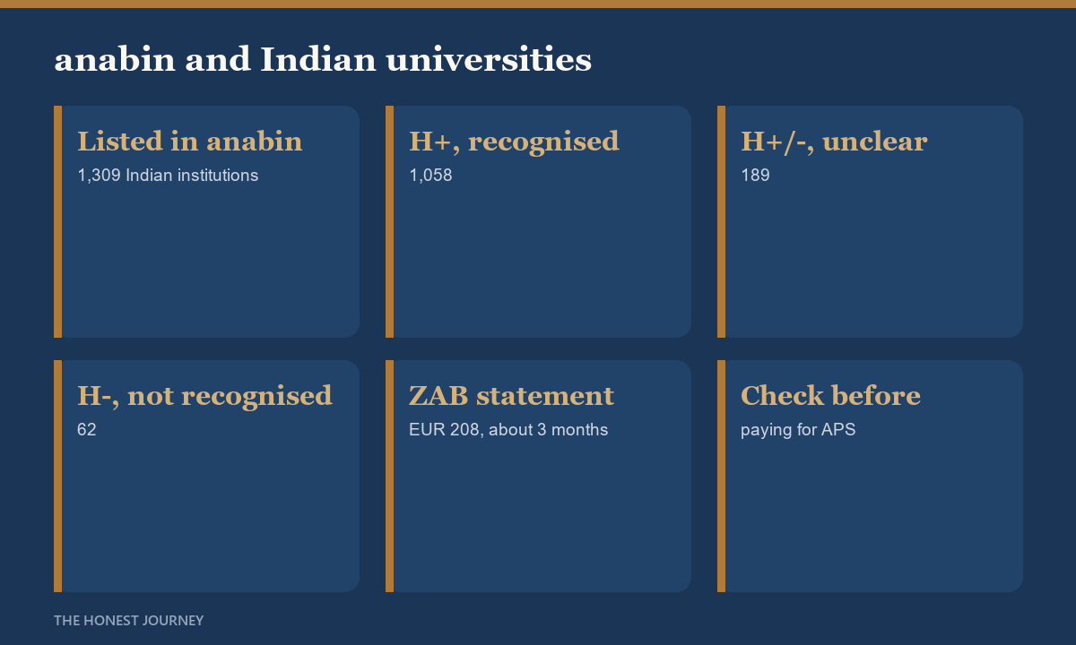 anabin and Indian universities, October 2026: 1,309 Indian institutions listed, 1,058 with H+ status, 189 with H+/- status mostly marked status unclear, 62 with H- status, a ZAB Statement of Comparability costing EUR 208 and taking about three months, and the advice to check anabin before paying for APS.