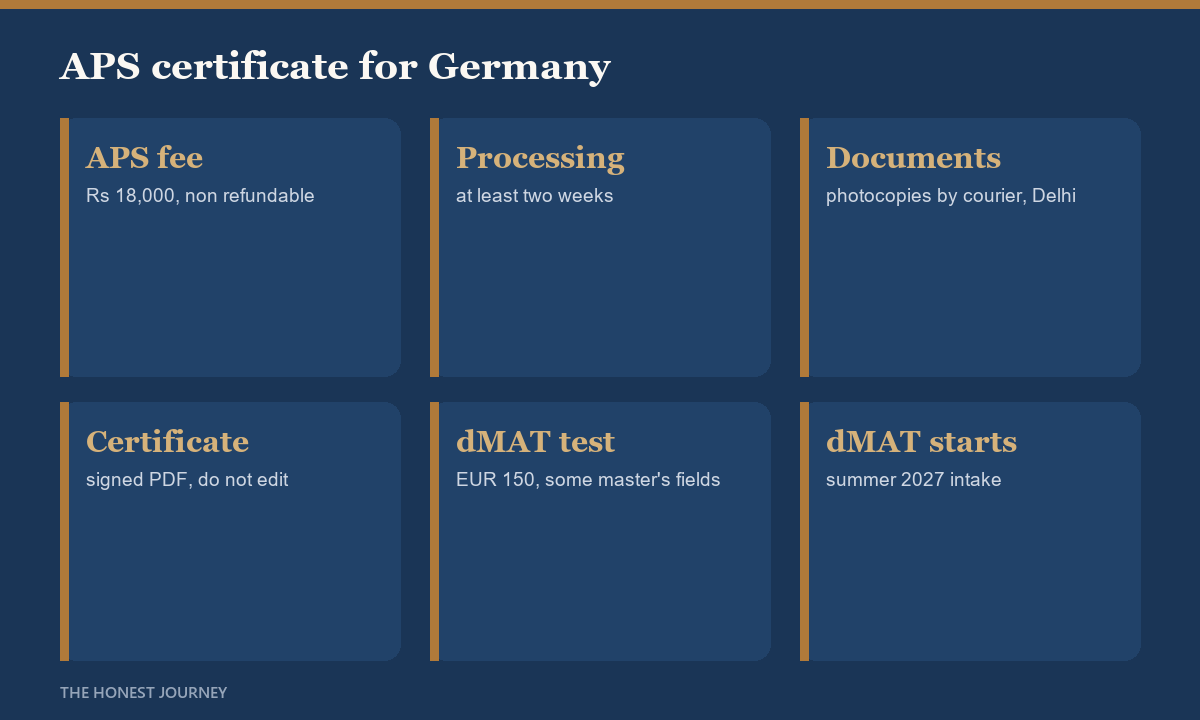 APS certificate for Germany for Indian students: a fee of ₹18,000 that is not refundable, processing of at least two weeks, photocopies sent by courier to APS India in New Delhi, a digitally signed PDF certificate that must not be edited, and the dMAT test at EUR 150 for master's applicants in selected fields from the summer 2027 intake.