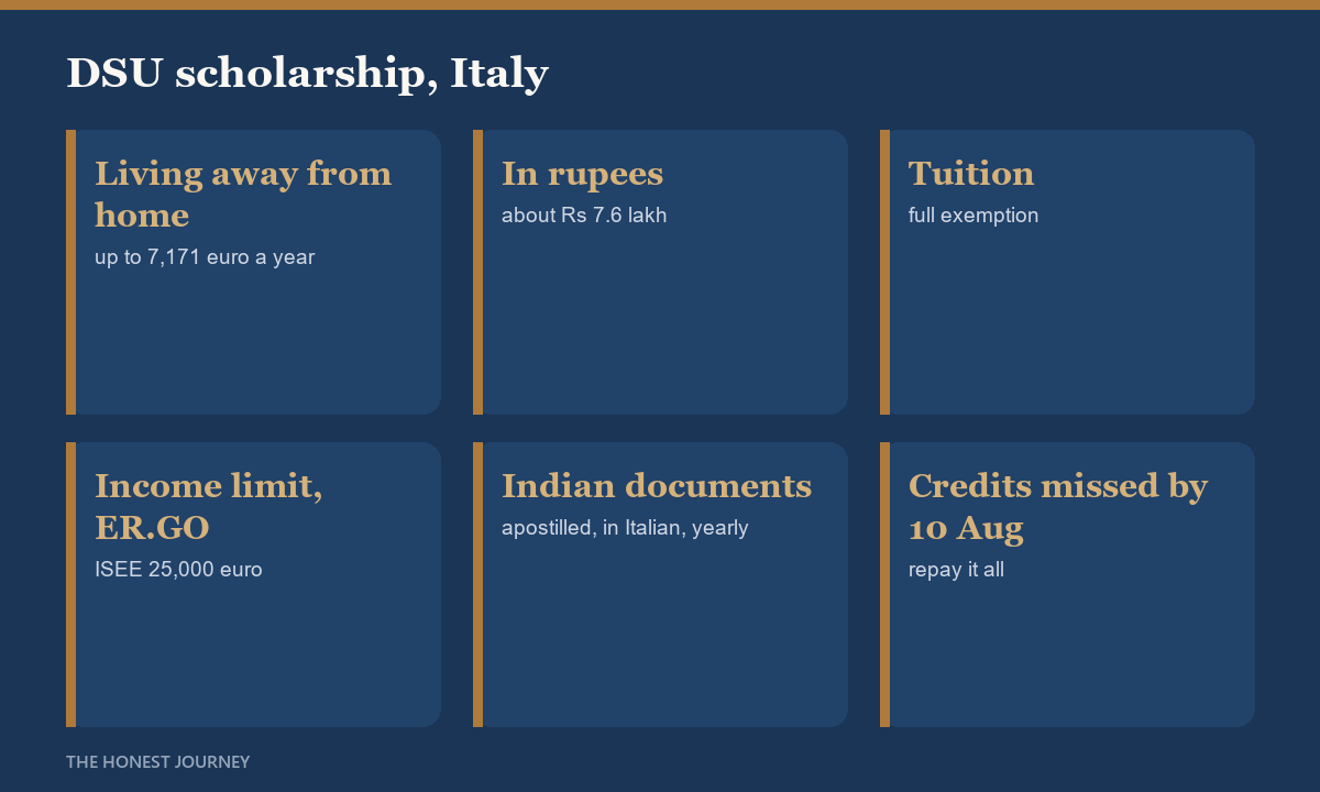 DSU scholarship in Italy for Indian students: up to 7,171 euro a year, about Rs 7.6 lakh, for a student living away from home in Emilia-Romagna in 2026 to 27, a full tuition exemption, an income limit of ISEE 25,000 euro, Indian income documents apostilled and translated into Italian every year, and full repayment if the credit target is missed by 10 August.