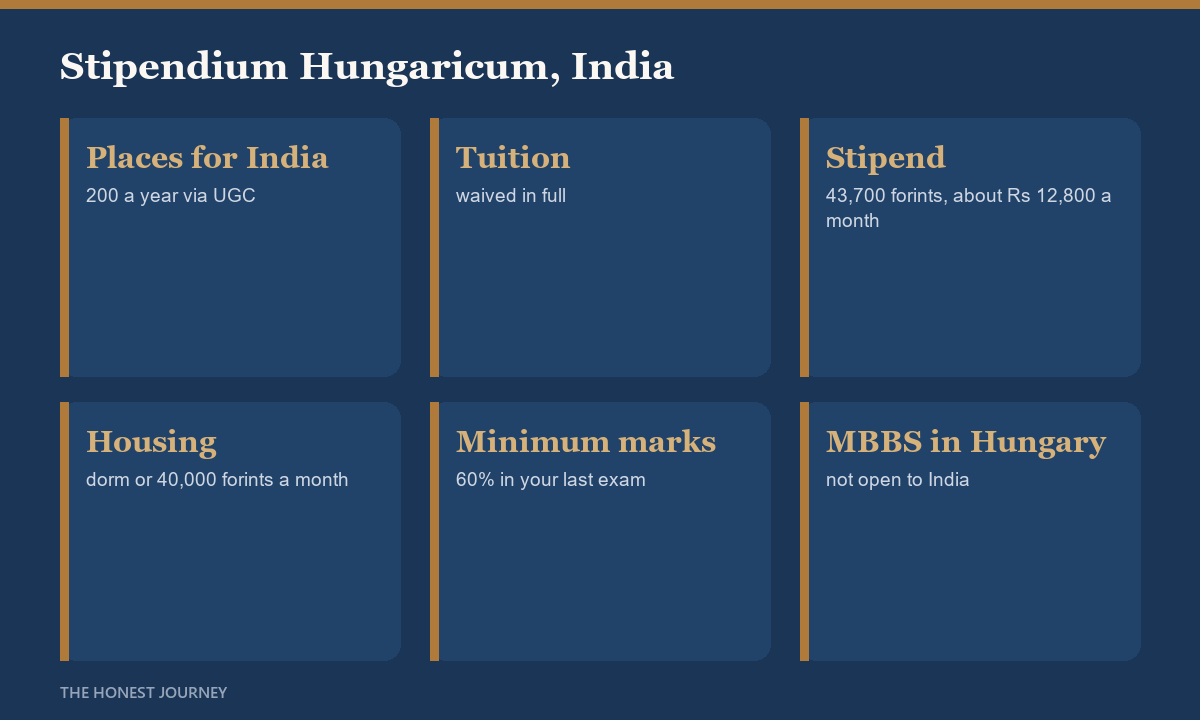 Stipendium Hungaricum for Indian students: 200 places a year nominated by UGC, tuition waived, a stipend of 43,700 forints or about Rs 12,800 a month, a dormitory place or 40,000 forints a month for housing, at least 60 percent in your last exam, and one tier master's programmes such as medicine not open to Indian applicants.