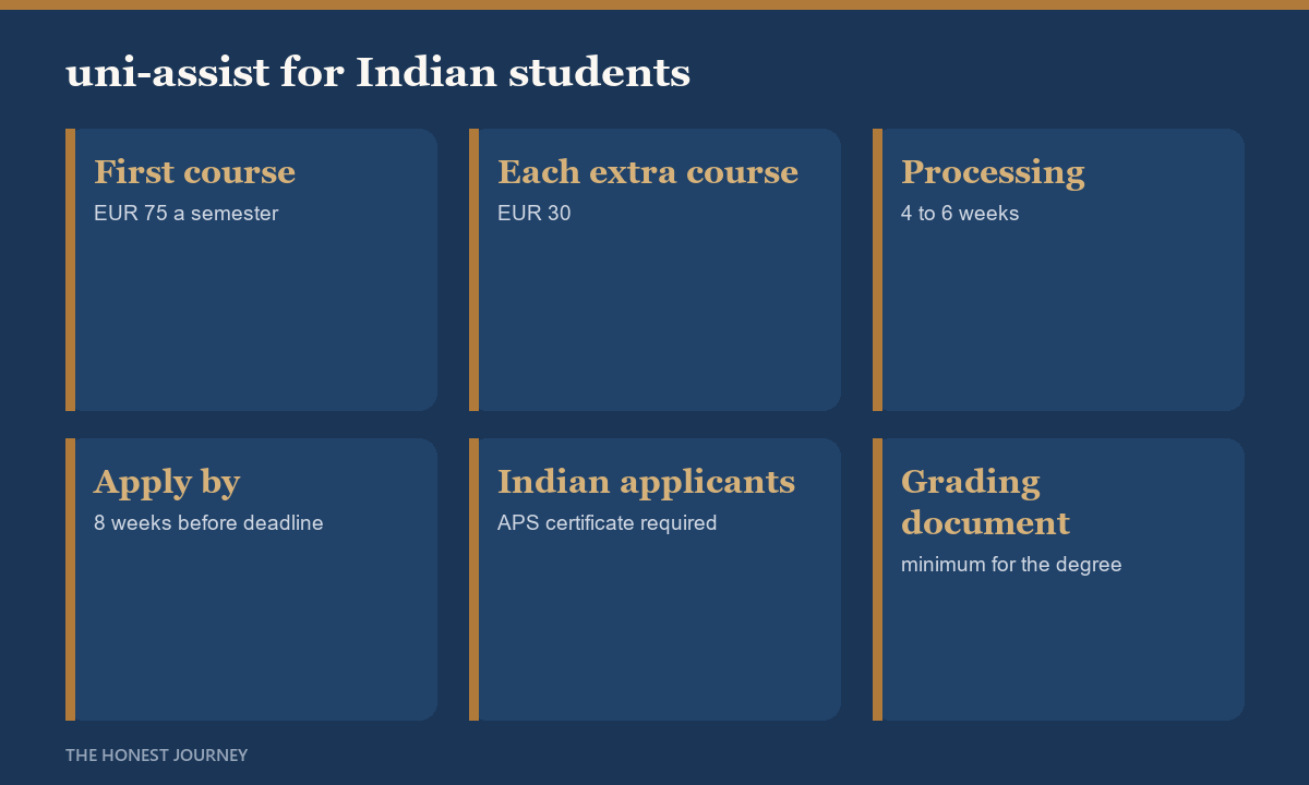 uni-assist for Indian students: EUR 75 for the first course in a semester and EUR 30 for each additional course, processing of 4 to 6 weeks, an application at least 8 weeks before the deadline, the APS certificate required from Indian applicants, and a grading document showing the minimum needed for the award of the degree.